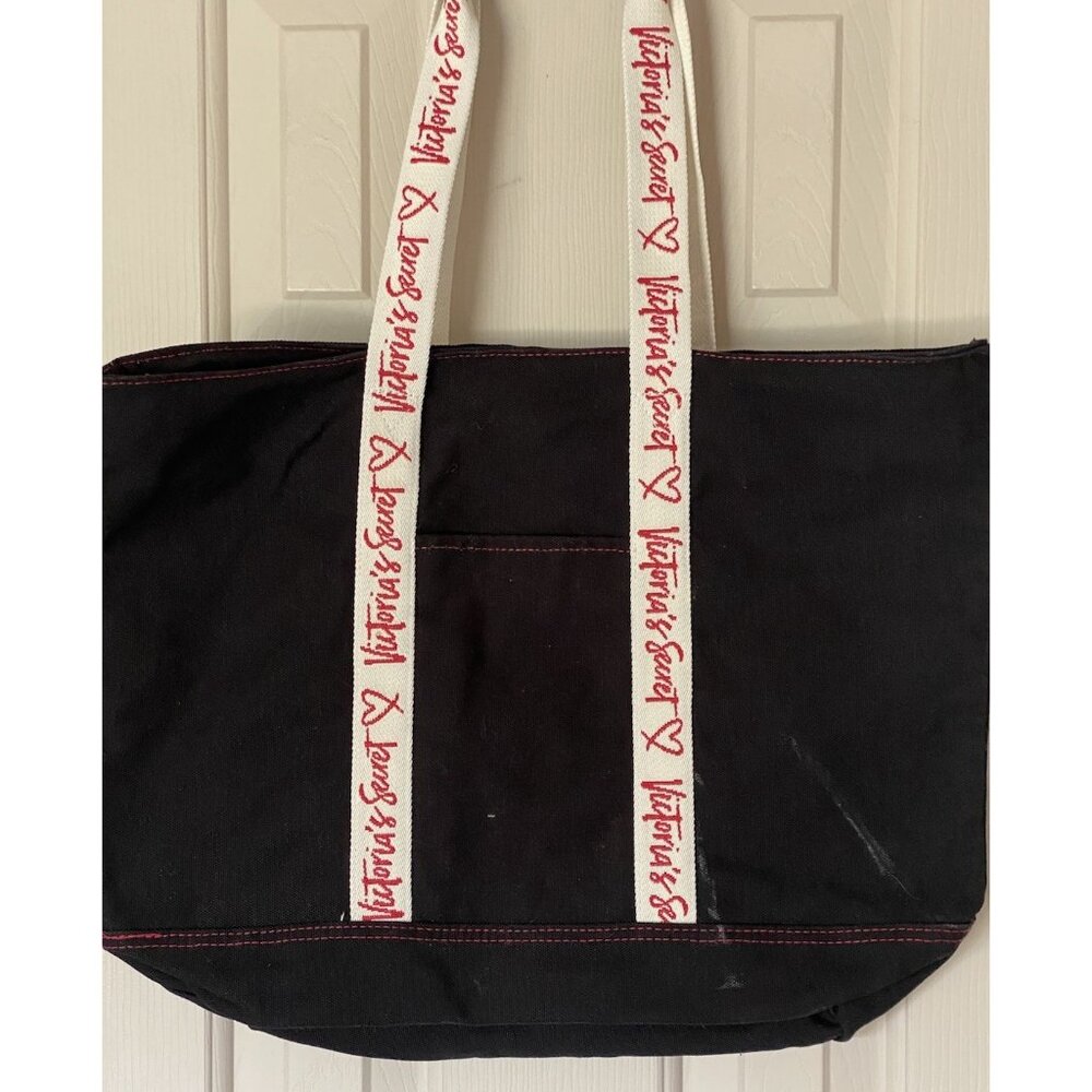 Victoria's Secret Black Canvas Tote Bag 17x16x6 Zip Closure w/ Handles - Picture 4 of 8